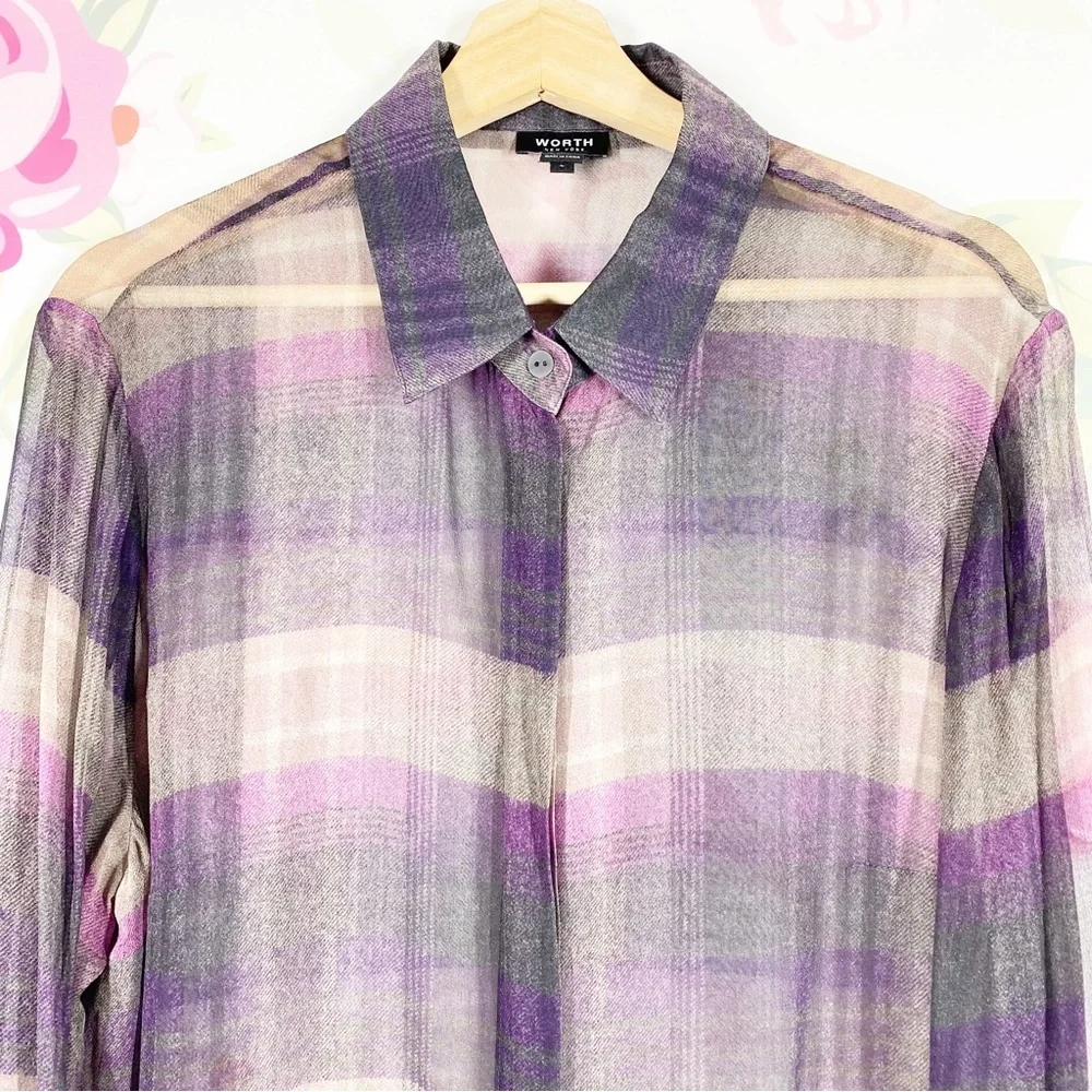 WORTH New York Purple Checkered Plaid Button Down Long Sleeve Shirt L - Picture 2 of 6